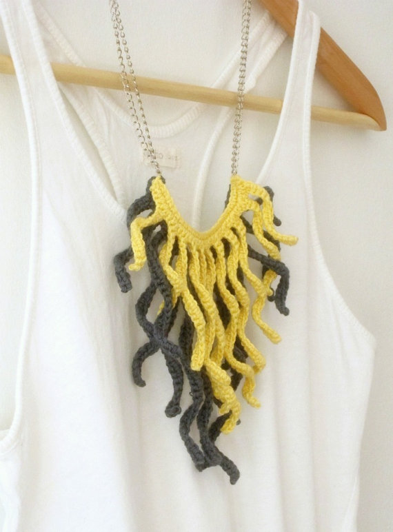 Crochet fringe necklace. Grey and pale yellow cotton tassel