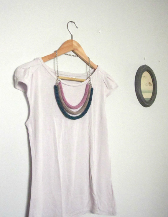 Orbits, crochet bib necklace in lavender, cypress and sand