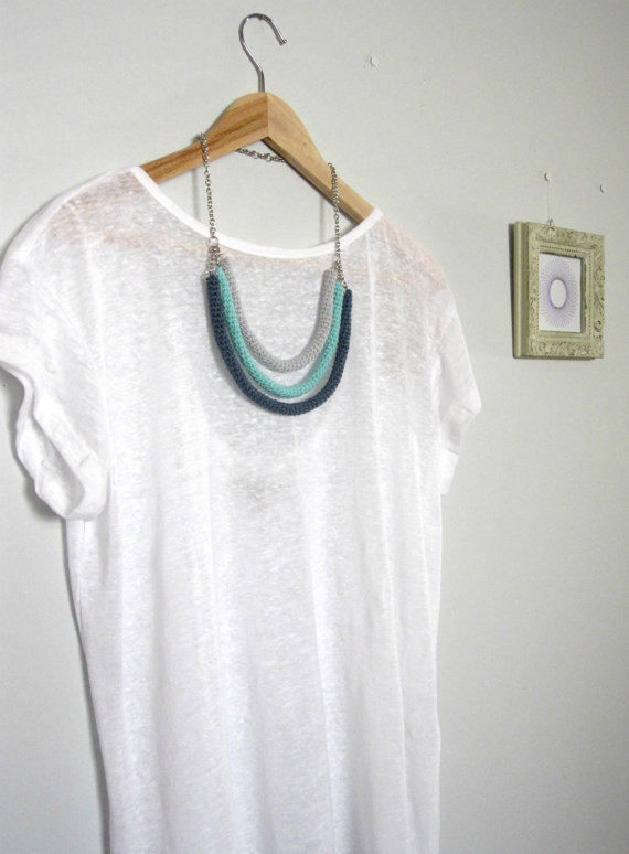 Orbits, crochet bib necklace in charcoal, mint and pale grey