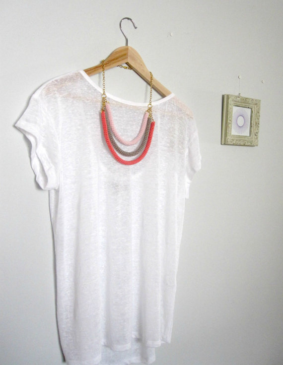 Orbits, crochet bib necklace in baby pink, coral and sand