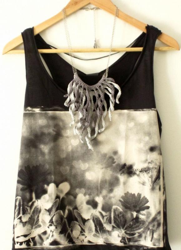 Crochet fringes necklace. Shades of grey cotton yarn