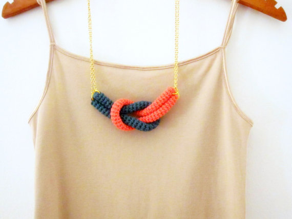 Together, crochet knot necklace. Nautical knot necklace. Cypress green and coral pink cotton yarn