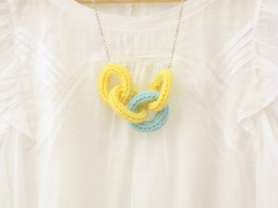 Chain reaction, crochet chain necklace. Yellow and mint green cotton yarn