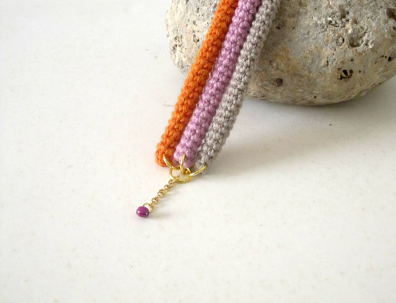 Orbits, crochet bracelet in lavender, orange and sand