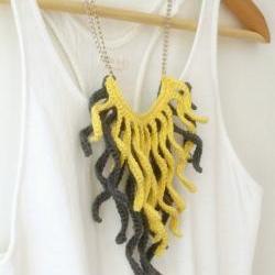 Crochet fringe necklace. Grey and pale yellow cotton tassel