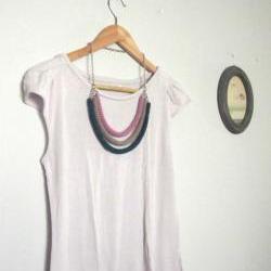 Orbits, crochet bib necklace in lavender, cypress and sand