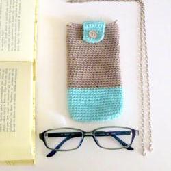 Crochet eyeglass case, phone case with detachable chain. Sand and mint cotton yarn.