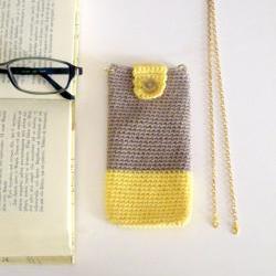 Crochet eyeglass case, phone case with detachable chain. Sand and yellow cotton yarn.