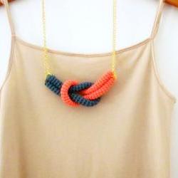 Together, crochet knot necklace. Nautical knot necklace. Cypress green and coral pink cotton yarn