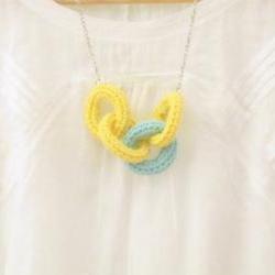 Chain reaction, crochet chain necklace. Yellow and mint green cotton yarn