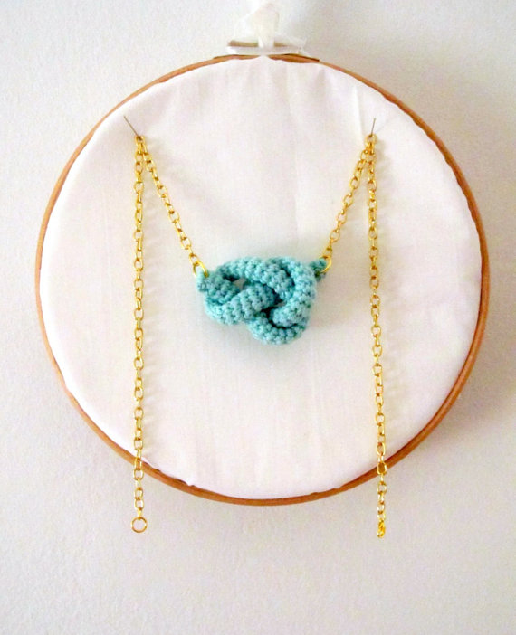 Bonds, Crochet Knot Necklace. Nautical Knot. Mint Green Cotton Yarn on