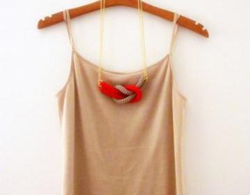 Together, crochet knot necklace. Nautical knot necklace. Red and sand cotton yarn