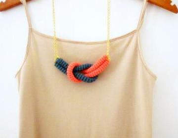 Together, crochet knot necklace. Nautical knot necklace. Cypress green and coral pink cotton yarn