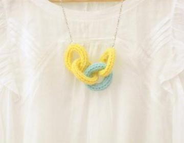Chain reaction, crochet chain necklace. Yellow and mint green cotton yarn